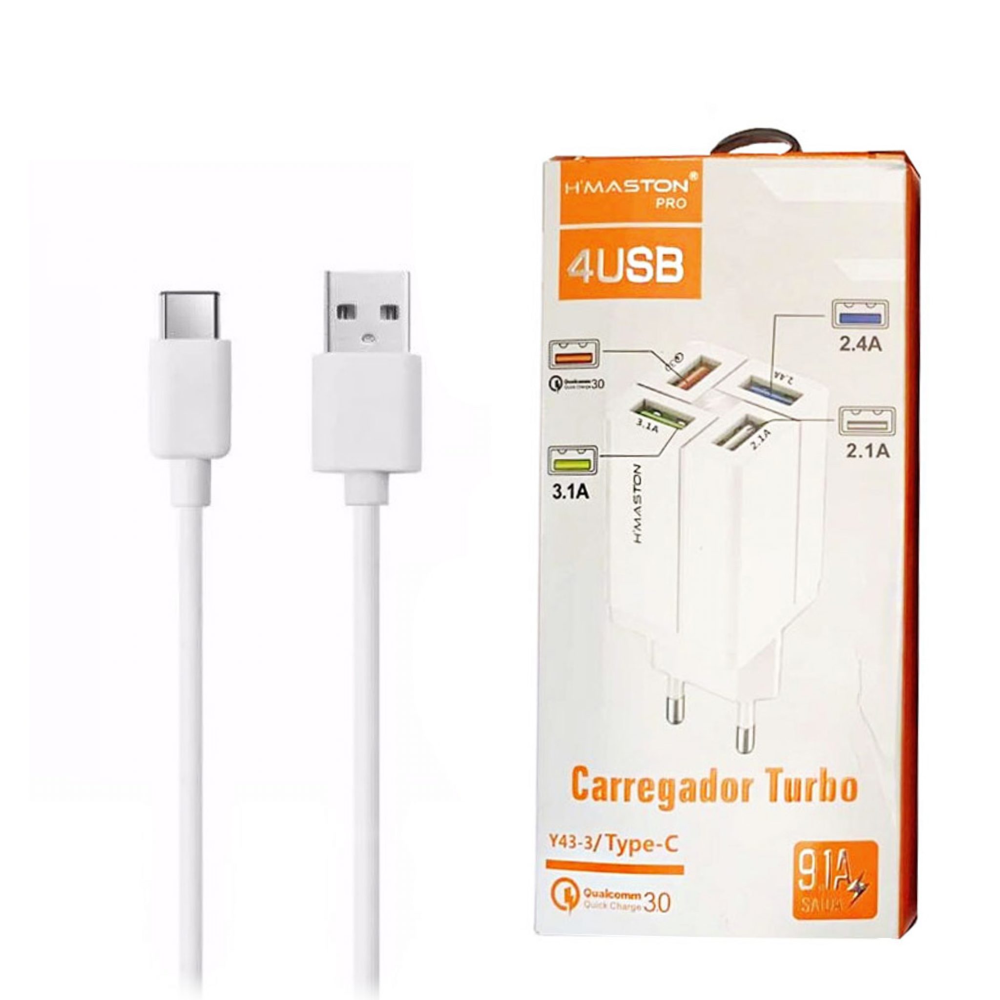 Carregador Turbo 4usb 9A Cabo Type C Hmaston Y 43 3