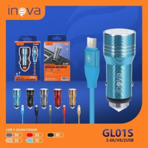 Carregador Veicular V8 2 USB Inova Gl01-s