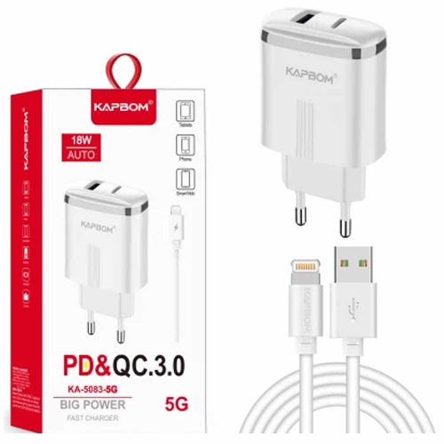 HOME 22 Carregador 18W 2usb + Cabo Iphone Kapbom Ka-5083-5g